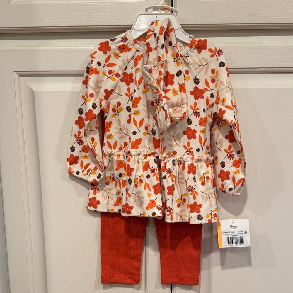 Little Me Pant Set Ribbed Pants, Top and Headband Floral Girl’s Size 12 Months